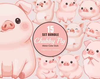 15 Bundle Watercolor Chubby Pig Pink Lazy Cute Hog Farm Sticker Cartoon Art Clipart Digital File Transparent Eps / Svg / Png illustration