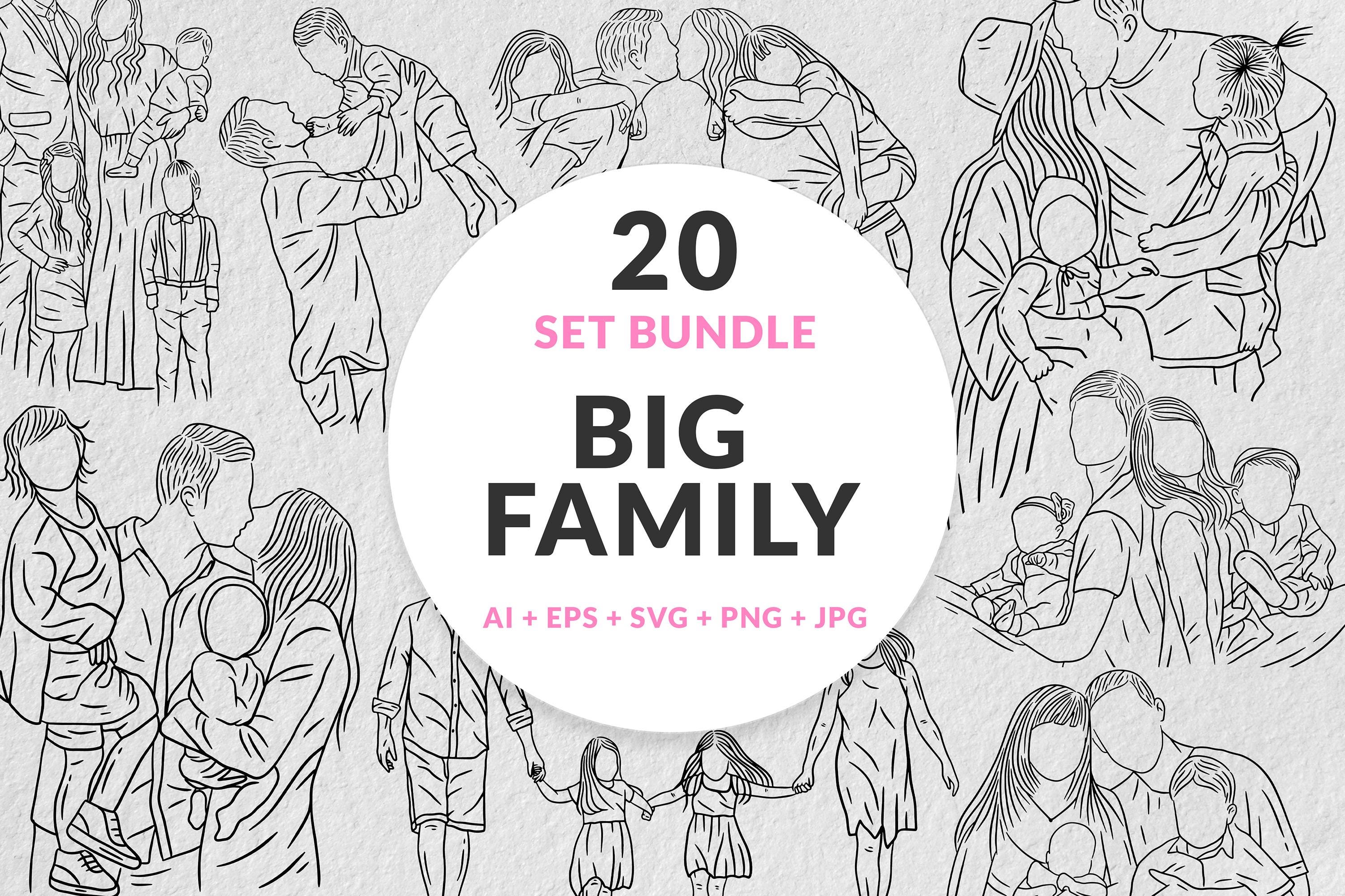 20 Bundle Happy Big Family Love With Mom and Dad with Child Hand Drawn Line Art Minimalist art LineArt Svg Bundle Line Art Svg Boho Svg