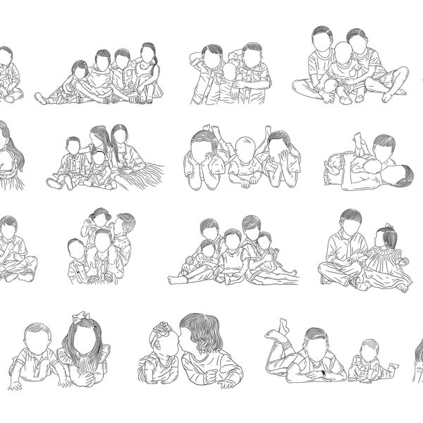 20 Set Bundle Happy Sibling Brother and Sister Kids Child Hand Drawn Line Art Family Line Art Portrait, line art svg, line art