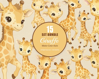 15 Bundle Watercolor Giraffe Yellow Kids Animal Wildlife Sticker Cartoon Art Clipart Digital File Transparent Eps / Svg / Png illustration