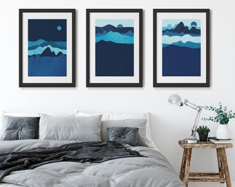 Collection of Six Black Minimalist Posters with Blue Abstract Mountain Illustrations (Digital Download)