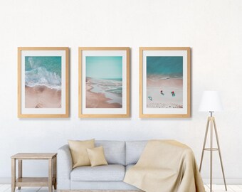 Coastal wall art gallery featuring six tropical beach scenes and turquoise ocean waves (Digital Download)