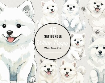 15 Bundle Watercolor White Puppy Dog Baby Pet Breeds Lover Animal Cartoon Art Clipart Digital File Transparent Eps / Svg / Png illustration