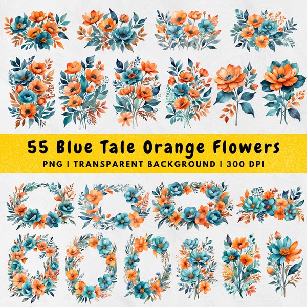 55 Watercolor Boho Blue Teal Orange Flowers PNG, Teal Rust Orange Wildflower Clipart, Bouquet, Wreath, Floral Leaves, Autumn Fall Wedding