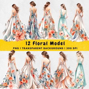 12 Watercolor Floral Fashion Girl Models PNG, Floral Dress Clipart, Watercolor Girl PNG, Flower Girl View From Behind, Commercial Digital