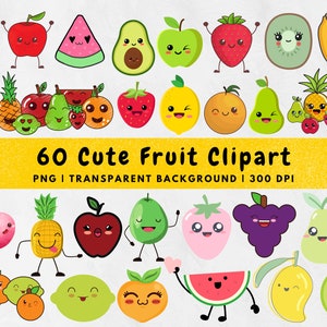 Kawaii Fruit PNG SVG, Cute Fruit Digital Bundle, Watercolor Fruit Slices, Fruit variety Cliparts, Fruit stickers, Instant Download