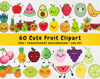 Kawaii Fruit PNG SVG, Cute Fruit Digital Bundle, Watercolor Fruit Slices, Fruit variety Cliparts, Fruit stickers, Instant Download