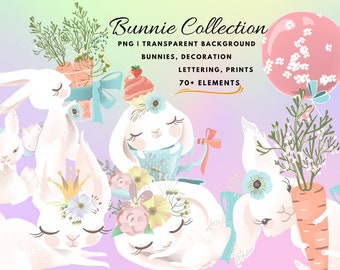 Easter Bunnies Clipart, Bunny PNG, Diy Bunny decoration, Rabbit Clipart, Cute bunny hand painted, Flower Bunny, Bunny Card