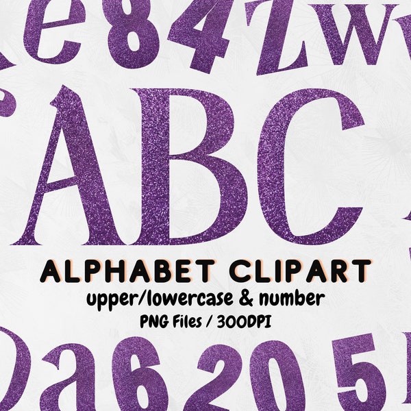Purple Glitter Alphabet Clipart, Purple Chunky Glitter Upper Lower Alphabet, Numbers, Digital Sparkle Font, Instant Download, Dazzling A-Z