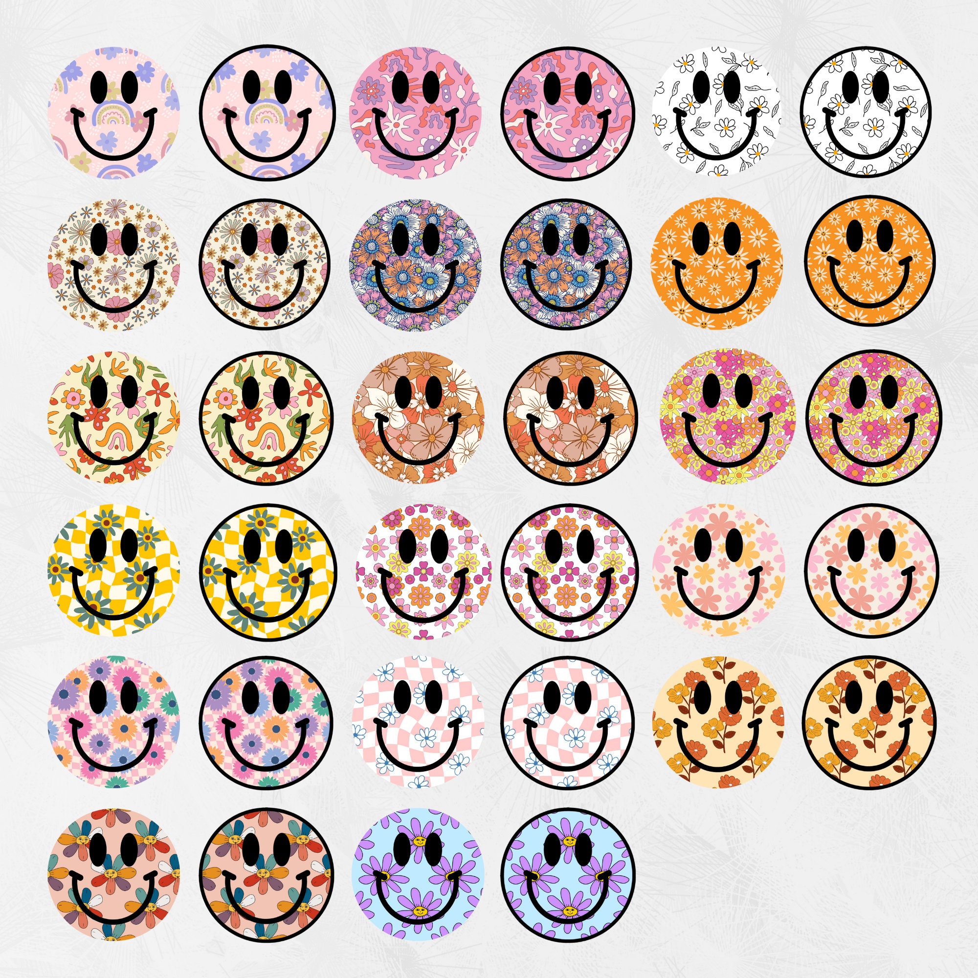 25 Smiley PNG, Distressed Smile Face, Retro Flower Clipart