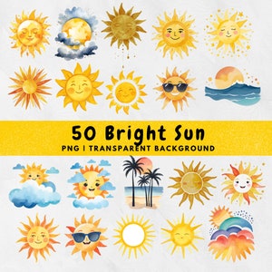 50 Watercolor Sun PNG, Smiling Sun Clipart, Spec Sun, Summer, Nursery Print, Lovely Sun, Warm Sun, Happy Sun, Card, Paper Craft, Commercial