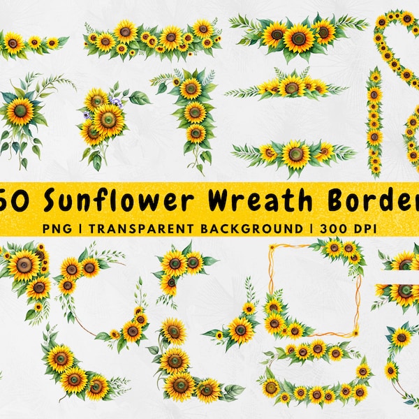 50 Watercolor Sunflowers Wreath Border Frame - Sunflower floral PNG, Sunflower clipart, instant download for commercial use