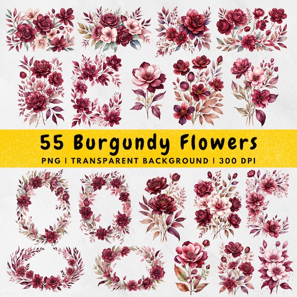 55 Burgundy Watercolor flower PNG, Burgundy Floral Clipart, Burgundy wreath, Bouquet, Wedding Invitation, Digital Download, Commercial use