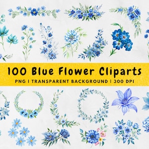100 Blue Flower Clipart PNG, Blue Floral PNG, watercolor Blue Flowers Bouquet, Blue Flower Wreath PNG, Blue wedding flower, Instant Download