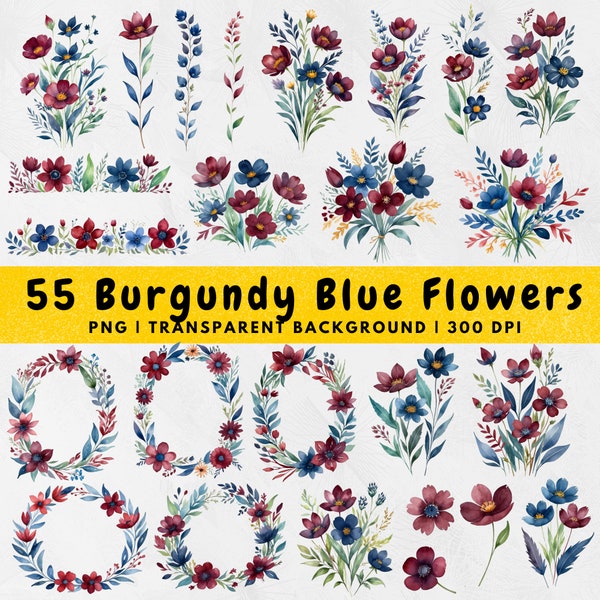 55 Watercolor Burgundy Navy Blue Flowers PNG, Burgundy dark blue floral ClipArt, Bouquet Wreath, Individual file, Hand Painted, Wedding deco
