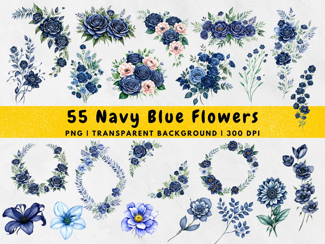 55 Navy Blue Flowers PNG, Blue Flowers PNG, Watercolor Floral Clipart