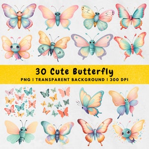 30 Watercolor butterflies clipart, Butterfly PNG, Pastel Butterfly, Pink butterflies, Sublimation Designs Download Bundle, Digital Download