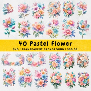 40 Watercolor Vibrant Pastel Flower PNG, Pastel Floral Clipart PNG Bouquets, Elements, Commercial Use, Digital clipart, Tshirt Sublimation