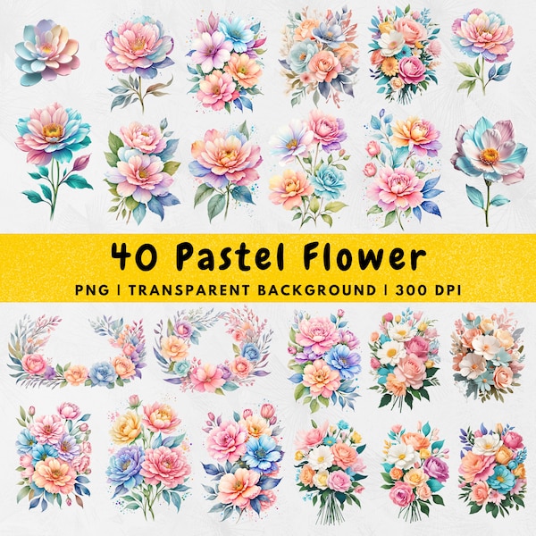 40 Watercolor Vibrant Pastel Flower PNG, Pastel Floral Clipart PNG Bouquets, Elements, Commercial Use, Digital clipart, Tshirt Sublimation