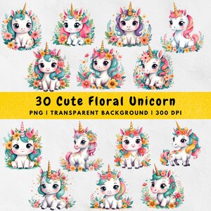 30 Watercolor Cute Floral Unicorn Clipart, Unicorn Png, Magic Unicorn Clipart, Instant Download, Kawaii Unicorn, Sublimation design