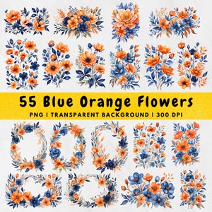 55 Watercolor Orange Blue Flowers PNG, Blue Orange Floral Clipart, Transparent Background, Flower Bouquet, Wreath,Digital Printable Download