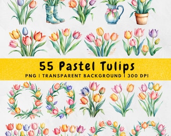 55 Watercolor Pastel Tulip PNG, Tulips Flower Bouquet Tulips Clipart, Pastel Floral Bouquets Wreath, Boarders, Wedding, Sublimation Digital