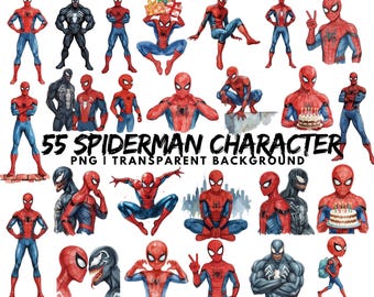 55 Watercolor Spiderman PNG, Spider Hero Clipart, Red and Blue Superhero, Venom, Web&City Elements,Digital Download,Transparent Background
