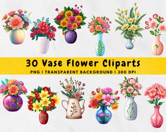 30 Watercolor Vase of Flowers Clipart - Vase flower PNG - Digital Download - Card Making, Mixed Media, Digital Paper Craft, Botanical Art