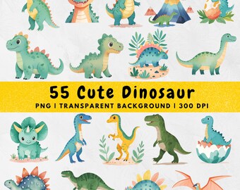 55 Watercolor Cute Dinosaur PNG, Dinosaur Clipart, Nursery Collection, Sublimation, Dinosaur Birthday Party Decor, Stickers, Baby Shower