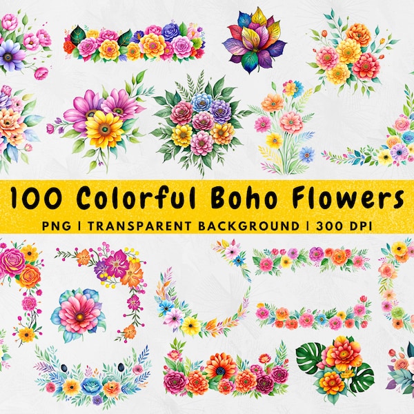 100 Boho Colorful Flowers PNG, Pastel Flower PNG, Colorful Watercolor Floral Clipart Bouquets, Elements, Commercial Use, Digital clipart PNG