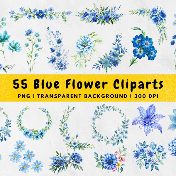 55 Blue Flower Clipart PNG, Blue Floral PNG, watercolor Blue Flowers Bouquet, Blue Flower Wreath PNG, Blue wedding flower, Instant Download