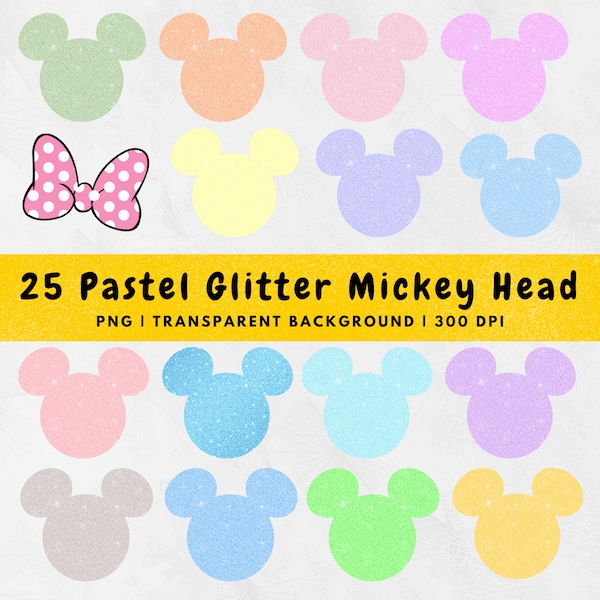 25 Pastel Glitter Mickey Head PNG, Mickey and Minnie Mouse Glitter Outline Clipart, Disneyland Shirt, Disneyland Cricut, Digital Sublimation