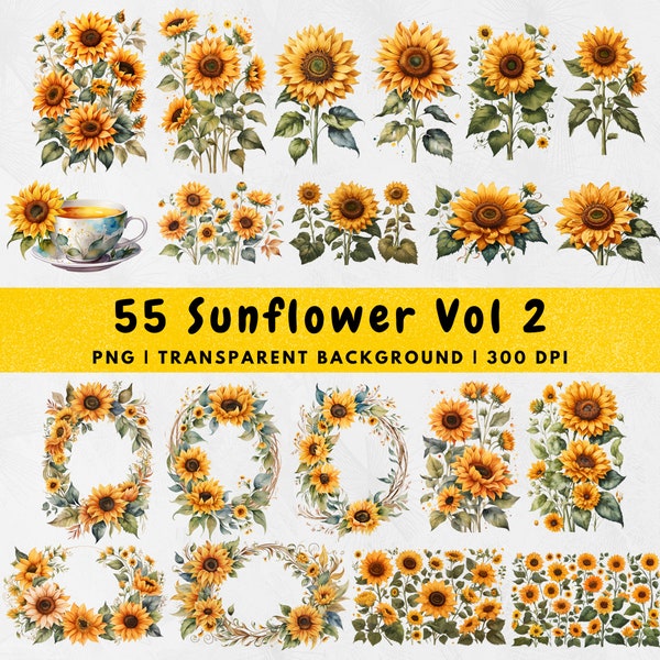 55 Watercolor Sunflowers PNG, Sunflower Clipart, Sunflower Bouquet, Sunflower Wedding Wreath, Sunflower Border, Pre Border, PNG format