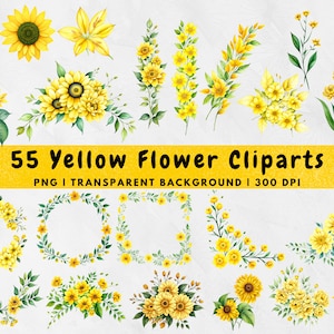 55 Yellow Flowers PNG, Watercolor Floral Clipart Bouquets, Elements, Commercial Use, Digital clipart PNG, Spring Summer Wedding Graphics