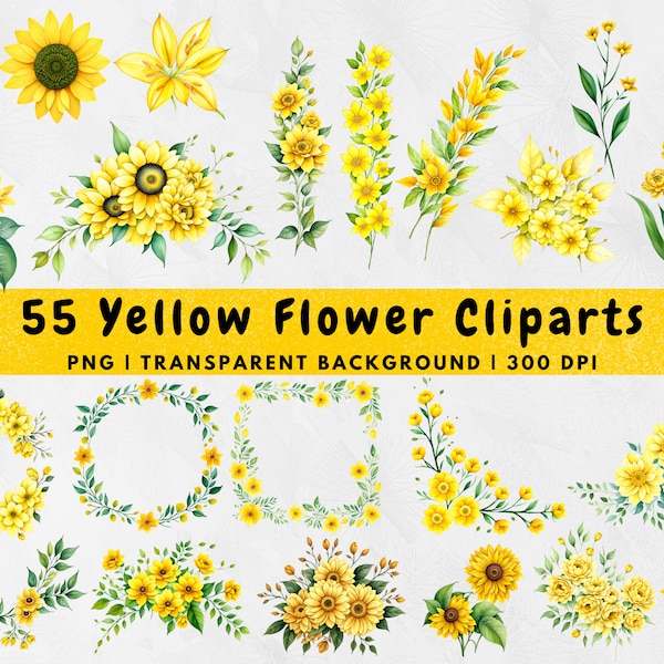 55 Yellow Flowers PNG, Watercolor Floral Clipart Bouquets, Elements, Commercial Use, Digital clipart PNG, Spring Summer Wedding Graphics