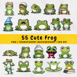55 Watercolor Frog PNG, Cute Frog clipart, Frog digital art, Cute And Funny Frog Clipart Bundle, Commercial use, Baby frog, Junk Journal