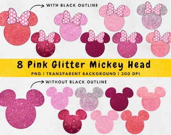 Pink Glitter Minnie mouse Ear PNG, minnie head Clipart, Cake topper, Cut file, Cricut, PNG sublimation minnie head bow, instant download