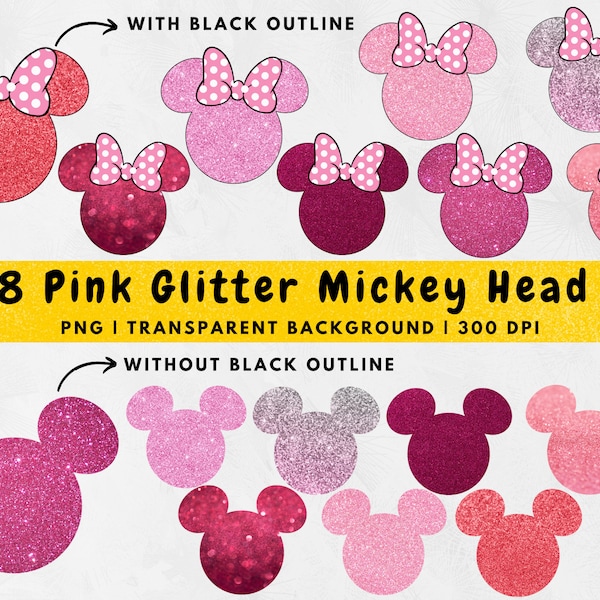 Pink Glitter Minnie mouse Ear PNG, minnie head Clipart, Cake topper, Cut file, Cricut, PNG sublimación minnie head bow, descarga instantánea