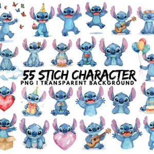 55 Watercolor Stitch PNG Clipart, Stich Splash, Birthday decoration, Nursery, Digital Design, High Resolution, Sublimation, Instant Download