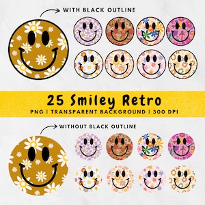 25 Smiley PNG, Distressed Smile Gesicht, Retro Blumen Clipart, Bleiben Sie groovy 70er Jahre inspiriert Boho Designs Digitaler Download Sublimationsshirt