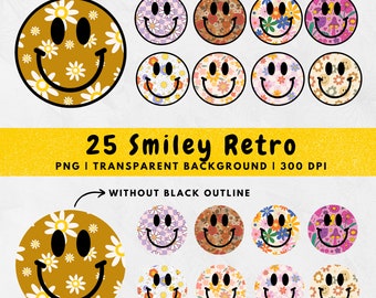 25 Smiley PNG, Distressed Smile Face, Retro Flower Clipart