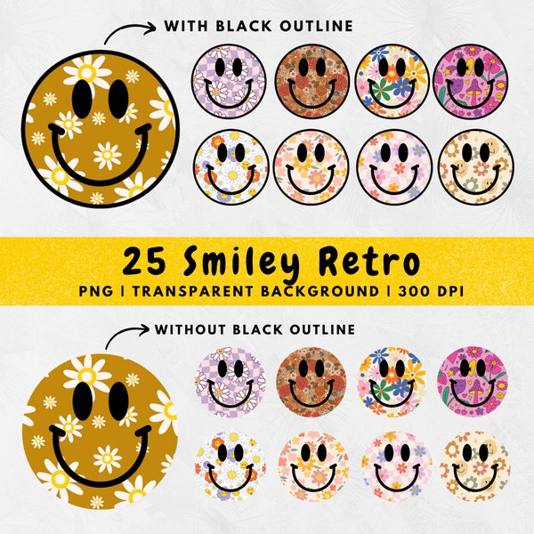 25 Smiley PNG, Distressed Smile Face, Retro flower clipart,  Stay groovy 70s inspired boho Designs Digital download sublimation shirt