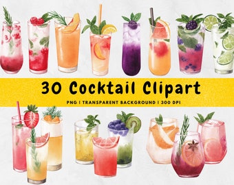 Watercolor Cocktail PNG, Cocktails Clipart, Summer Drinks PNG, Watercolor Clipart Bundle, Summer Party & Beach Clipart Graphics, Printable