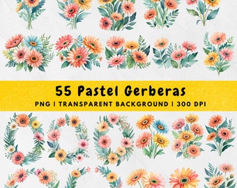 55 Watercolor Pastel Gerberas PNG, Gerberas flower clipart, floral Bundle, Flower Bouquet, Wreath, Arrangement, Wedding Element, Digital PNG