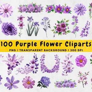 100 Watercolor Purple flower PNG, Violet Lush, Violet Floral Clipart, Flower Arrangement, Frame, Bouquet, Wedding Decor, Digital, Commercial