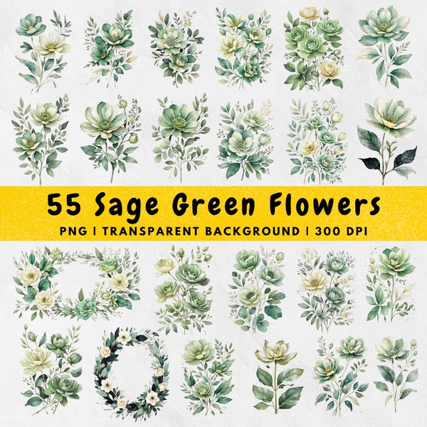 55 Watercolor Sage Green and Ivory Flowers PNG, Floral Clipart Element, Bouquet, Wreath, Flower Digital Clipart, Wedding, Commercial use