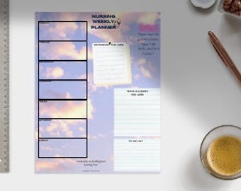 May include: A weekly planner with a pastel blue and pink cloudy sky background. The planner has a section for each day of the week and a section for notes. The text "Making Weekly Plans" is at the top of the planner.