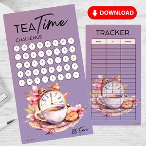 Könnte beinhalten: Ein lila-weißes Tea Time Challenge-Druckprodukt mit einem Tracker. Das Design zeigt eine Teetasse, eine Uhr und florale Elemente. Der Text enthält "TEA Time CHALLENGE" und "TRACKER".