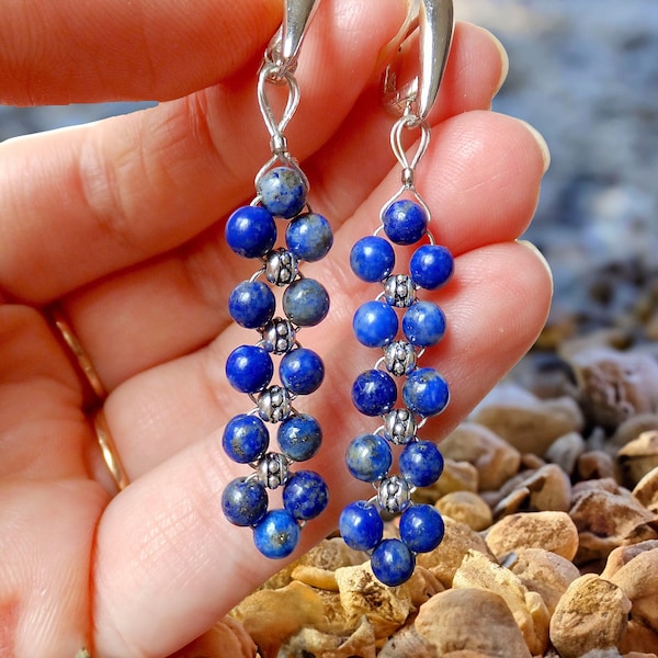 Lange lapiz lazuli ohrringe baumeln, lapiz lazuli schmuck, blaue ohrringe perlen gewebt ohrringe, ozean perlen ohrringe, geschenk für junge frauen