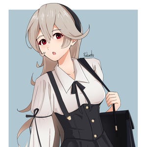 May include: Illustration of a character in a white blouse with black suspenders, a black skirt, and a black handbag. The character has light-colored hair and red eyes. The background is a light blue.